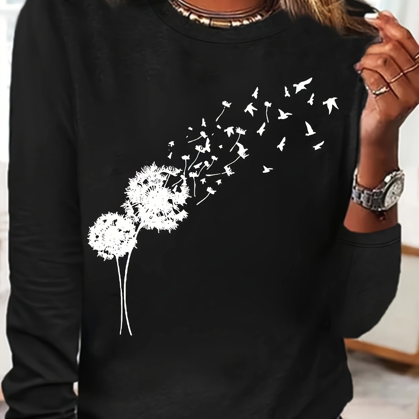 Plus Size Long Sleeve Crew Neck T-Shirt Polyester Knit Geometric Dandelion Bird Pattern
