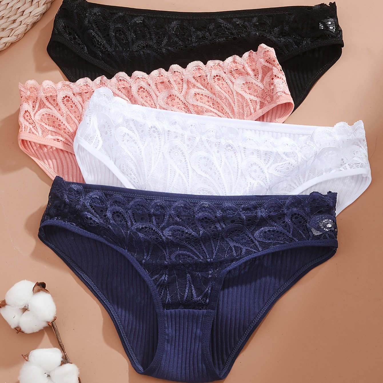 Women's Cotton Briefs 4-Pack with Lace Trim Mid Rise Breathable Comfortable Underwear