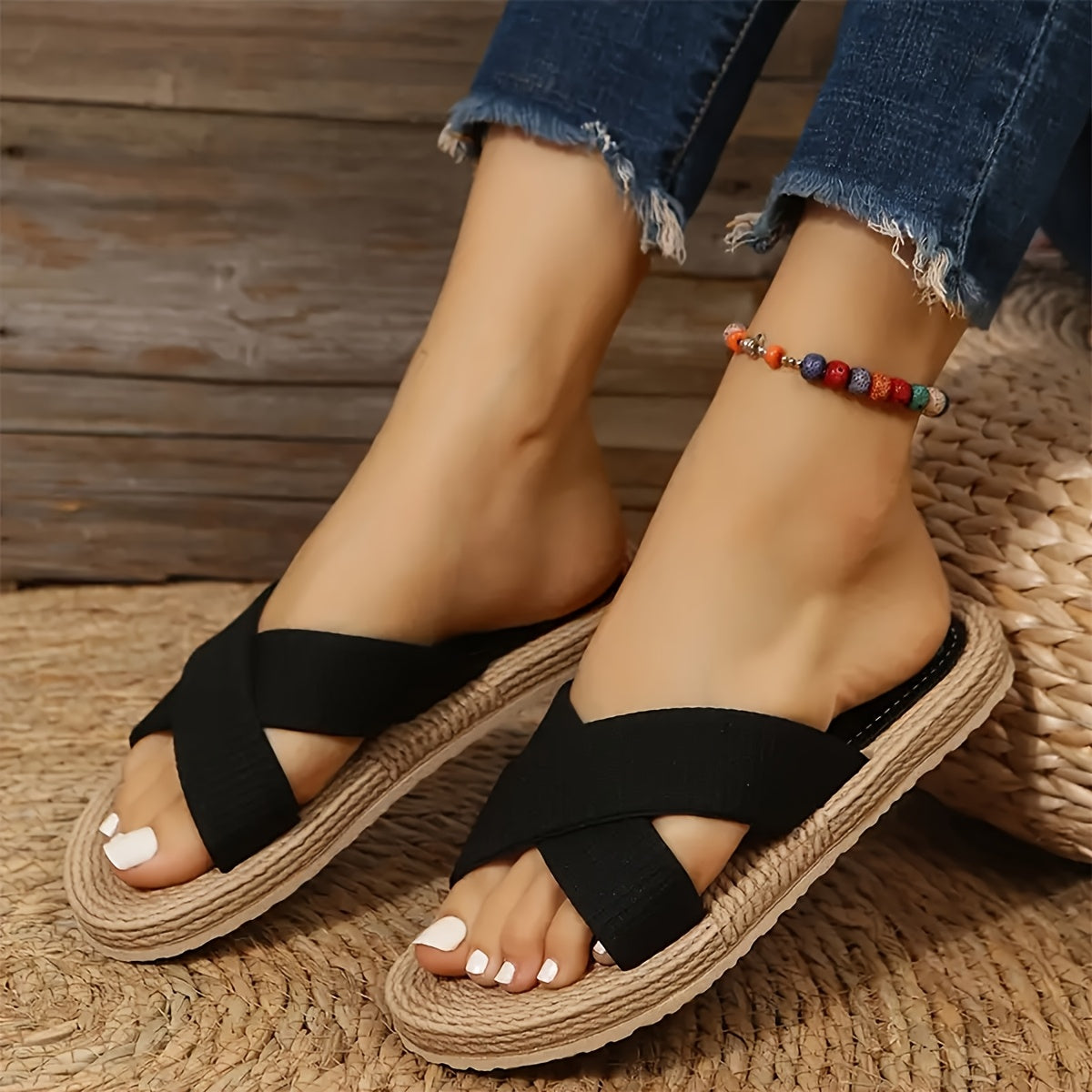 Women's Casual Slide Sandals Non-Slip EVA Flat Heel Braided Strap Beige White