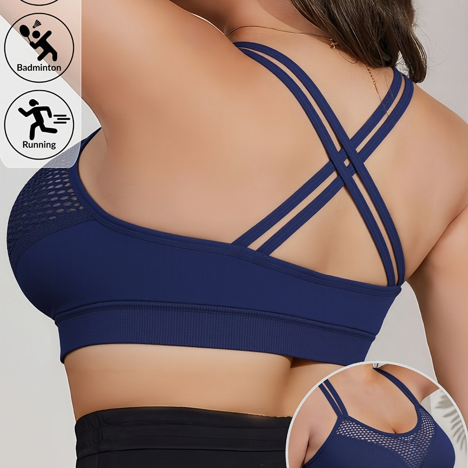 Plus Size Women's Sports Bra Adjustable Straps Mesh Front Removable Pads Workout Fitness