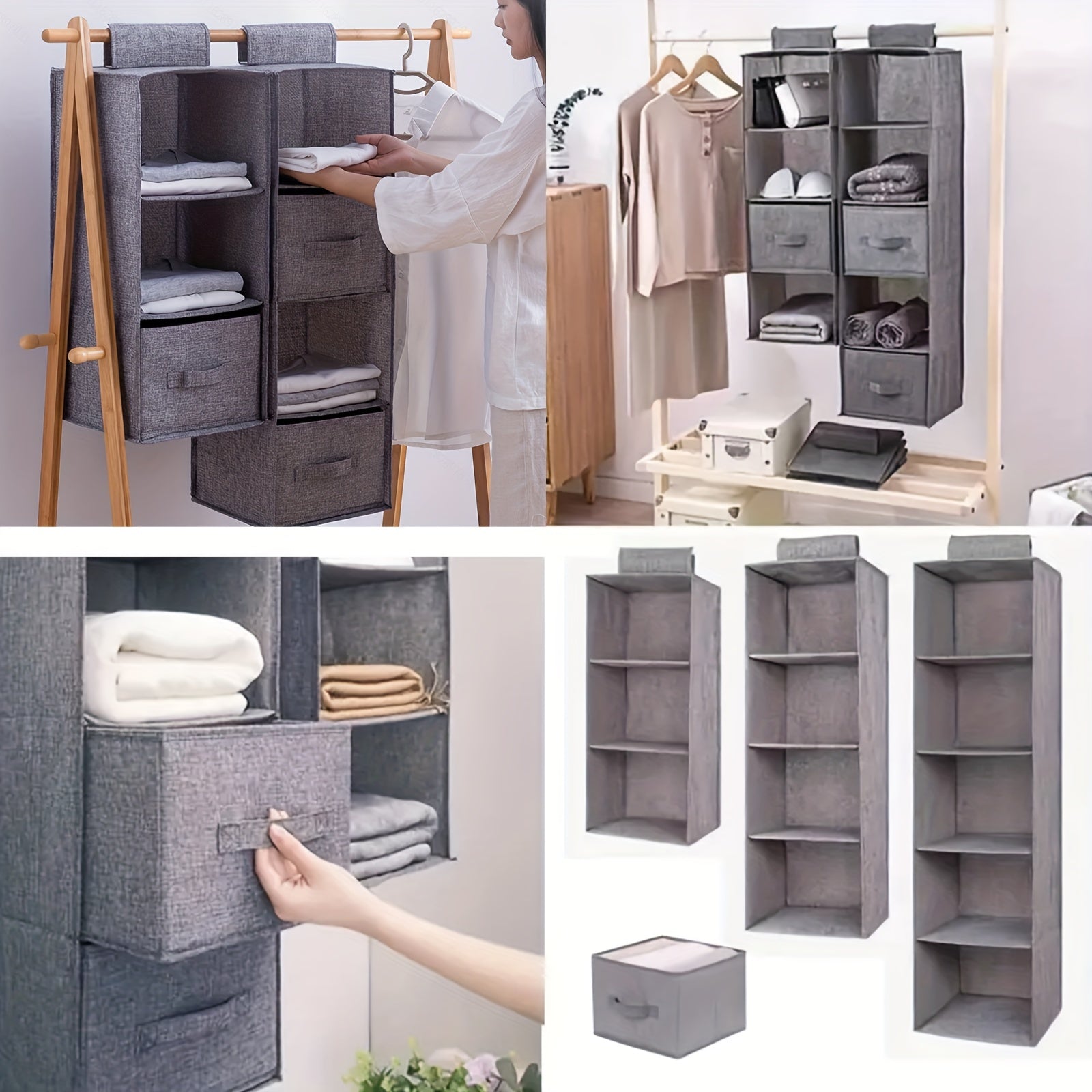 Organizador de ropa colgante plegable de 4 niveles en gris para armarios y dormitorios