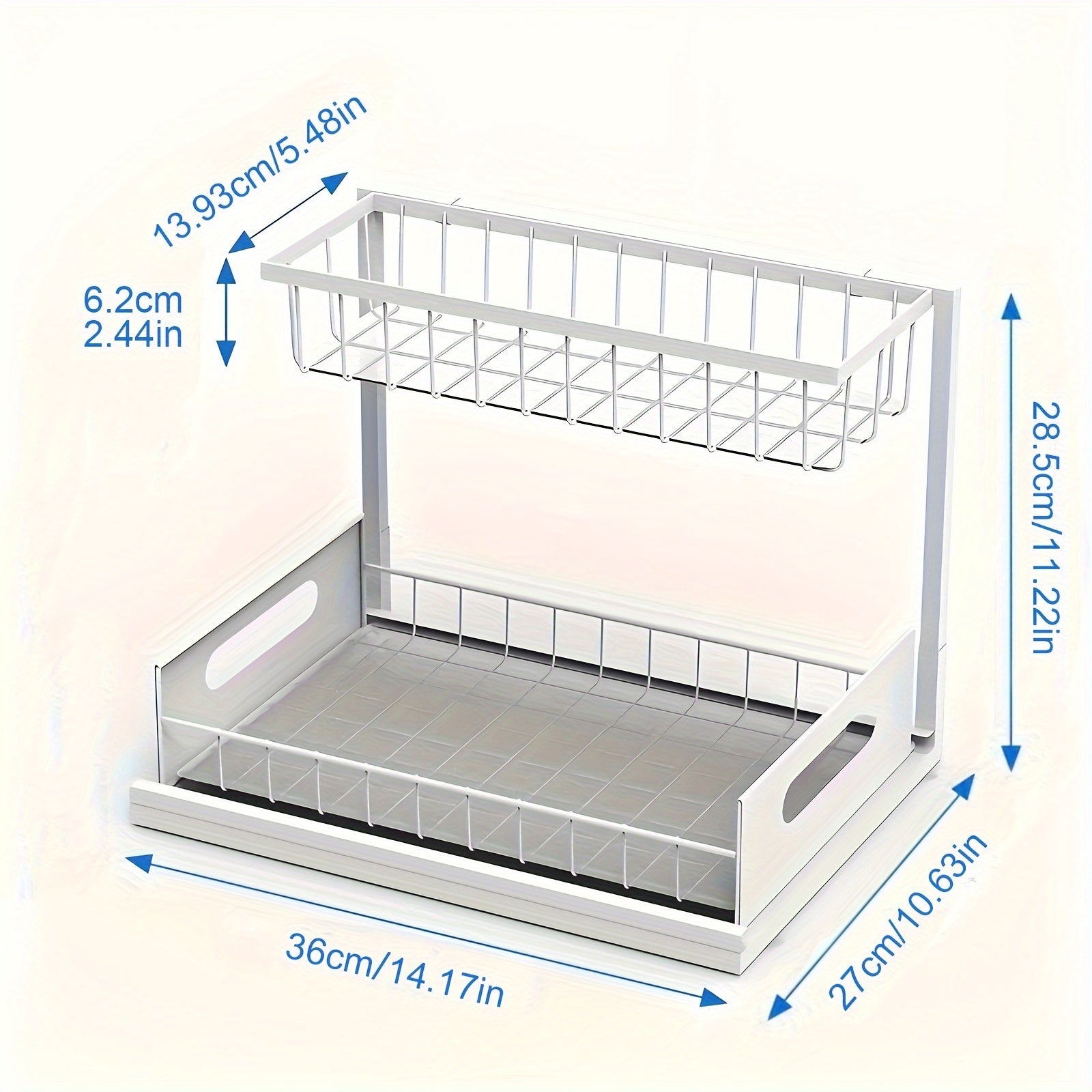 "Ikkita qatlamli tortib olinadigan lavaboda tashkilotchisi, karbon po'latdan yasalgan saqlash javoni oshxona va hammom uchun - condimentlar, ziravorlar, dori-darmonlar va kosmetikalar uchun ko'p funksiyali tokcha - Qora/Oq rangda mavjud"