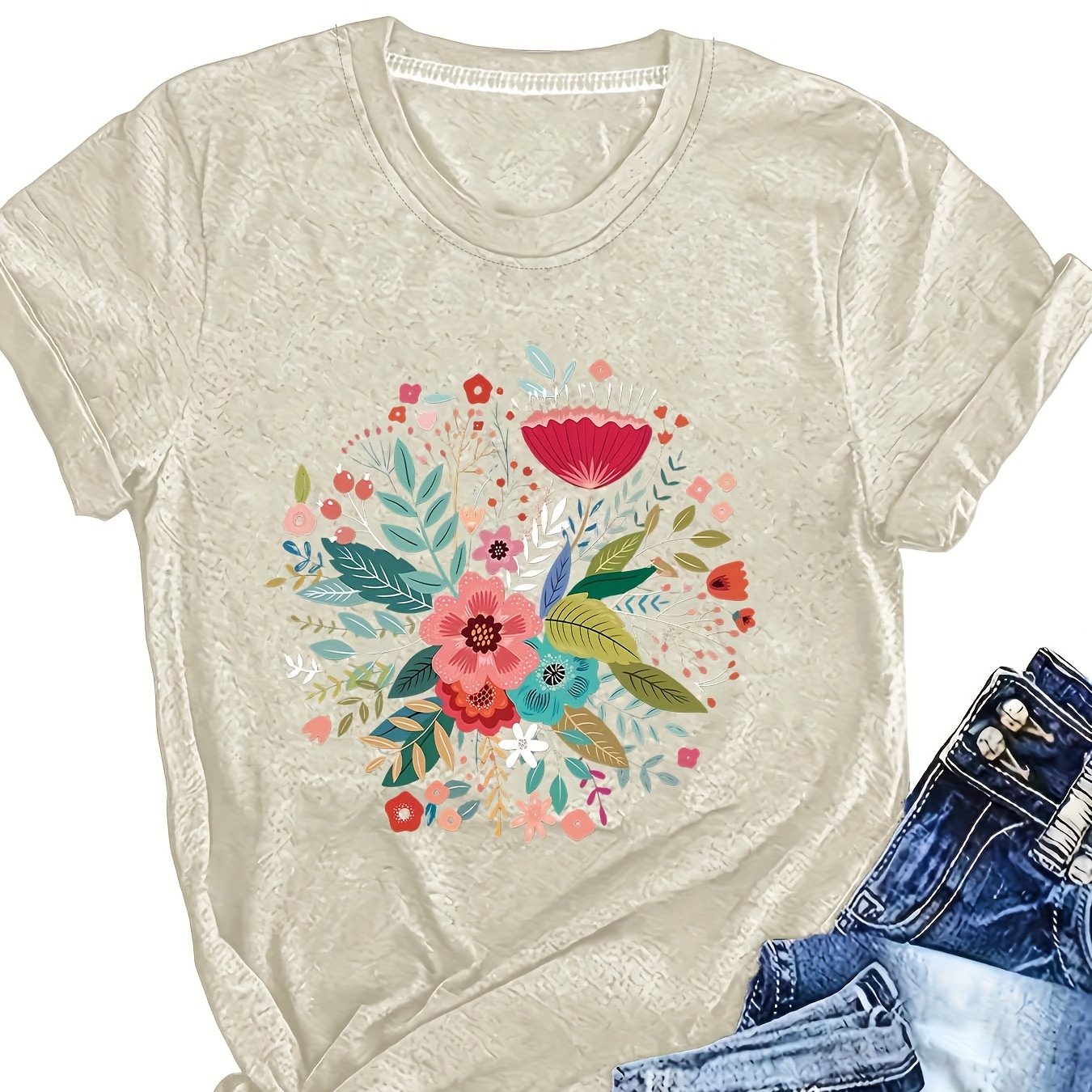 Women's Short Sleeve T-Shirt Relaxed Fit Geometric Floral Summer Top Breathable Fabric