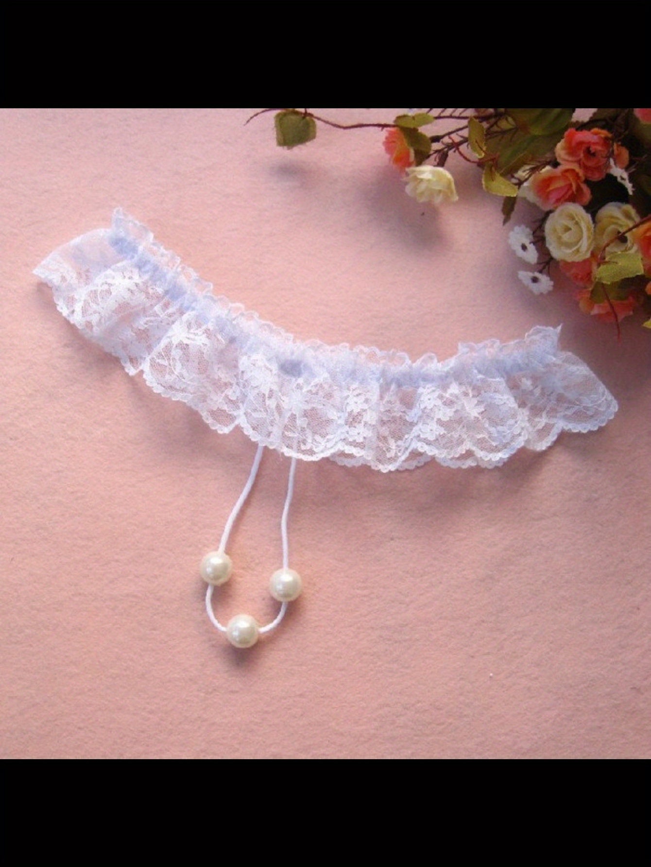 Black Lace Thong with Faux Pearl Accents for Seduction Lingerie