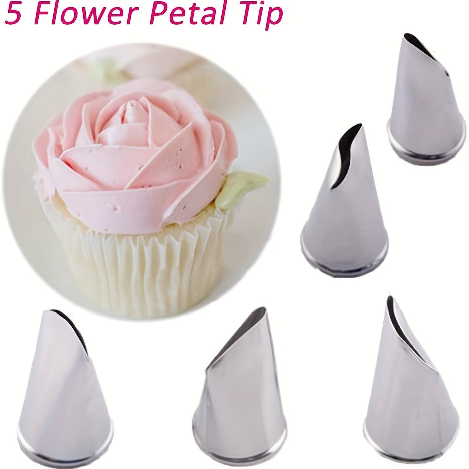Tort va keklarni bezash uchun 5 ta zanglamaydigan po'latdan yasalgan gül petali pipping tiplari to'plami