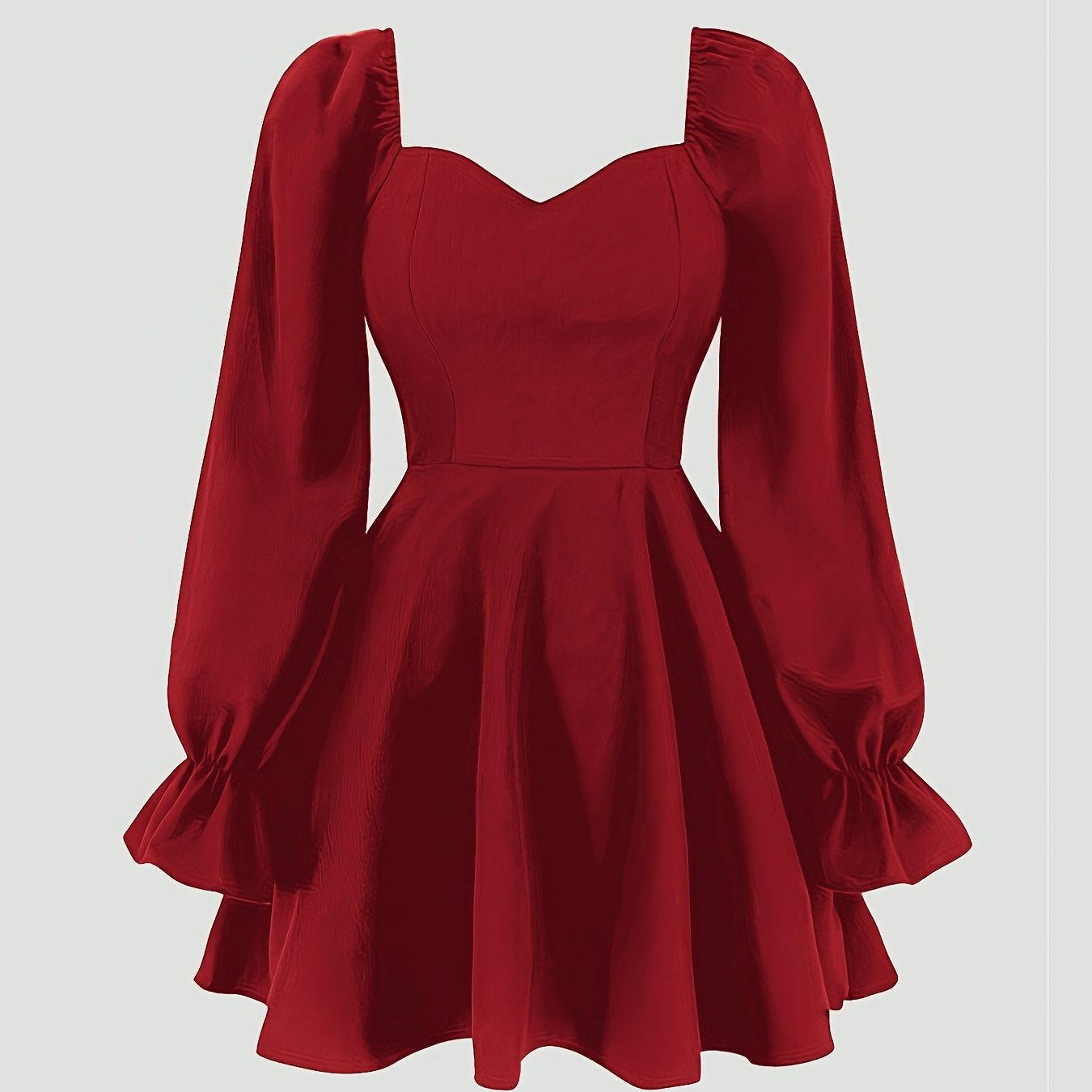Plus Size Sweetheart Neck Dress with Long Sleeves A-Line Fit and Flare Solid Polyester