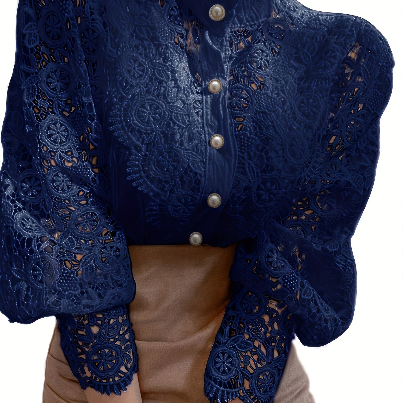 Victorian Lace Blouse for Women with Pearl Buttons Floral Pattern Long Sleeve Woven Cotton Polyester Top