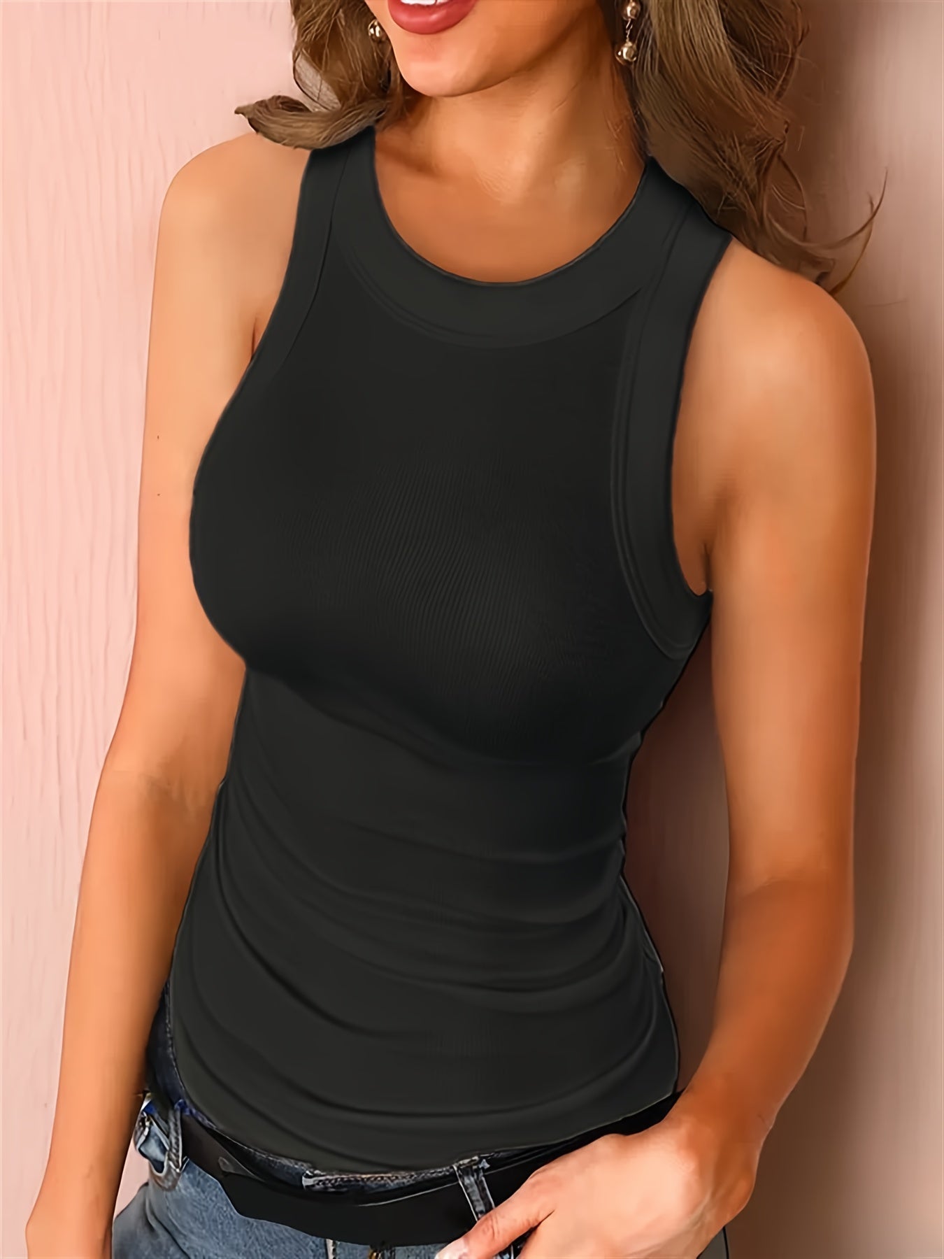 Women's Seamless Tank Top with Colorful Round Neck and Wide Shoulder Straps