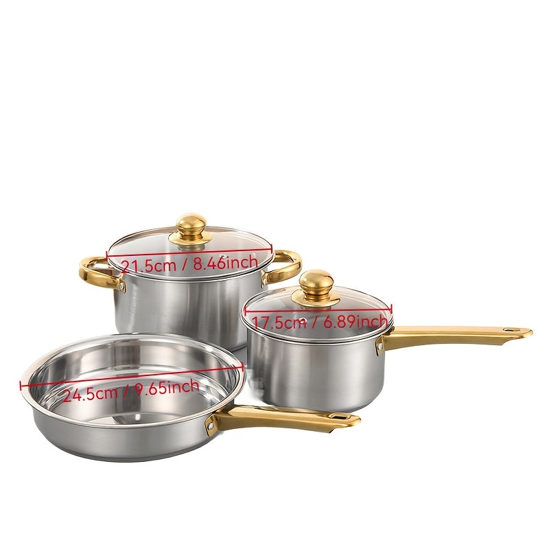 Stainless Steel Cookware Set 4/6 Pieces with Golden Handles Pots and Pans for All Stovetops