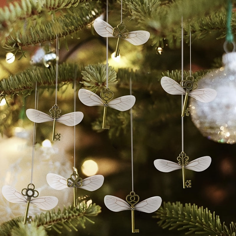 Set of 17 Rustic Metal Key Pendants with Dragonfly Design for Christmas Tree Ornaments or Home Decor