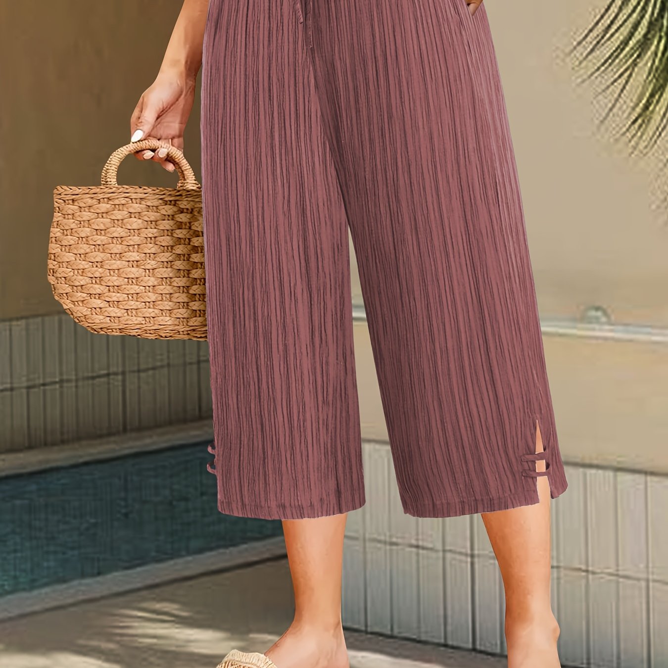 Plus Size Women's Wide Leg Pants with Pleated Stripe and Side Slit