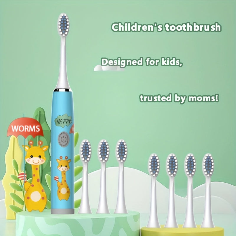 Kids Electric Toothbrush Blue White Giraffe Design Battery Powered for Ages 3-15