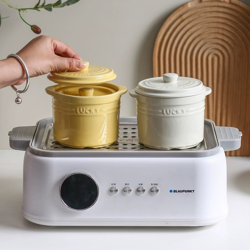 Ceramic Soup Pot with Double Lids for Home Use Egg Steamer and Stew Bowl