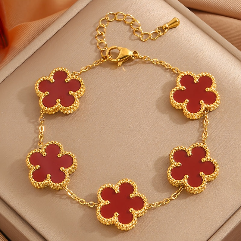 Set of 4 Gold Plated Stainless Steel Flower Bracelets with Rhinestones Boho Style for Women