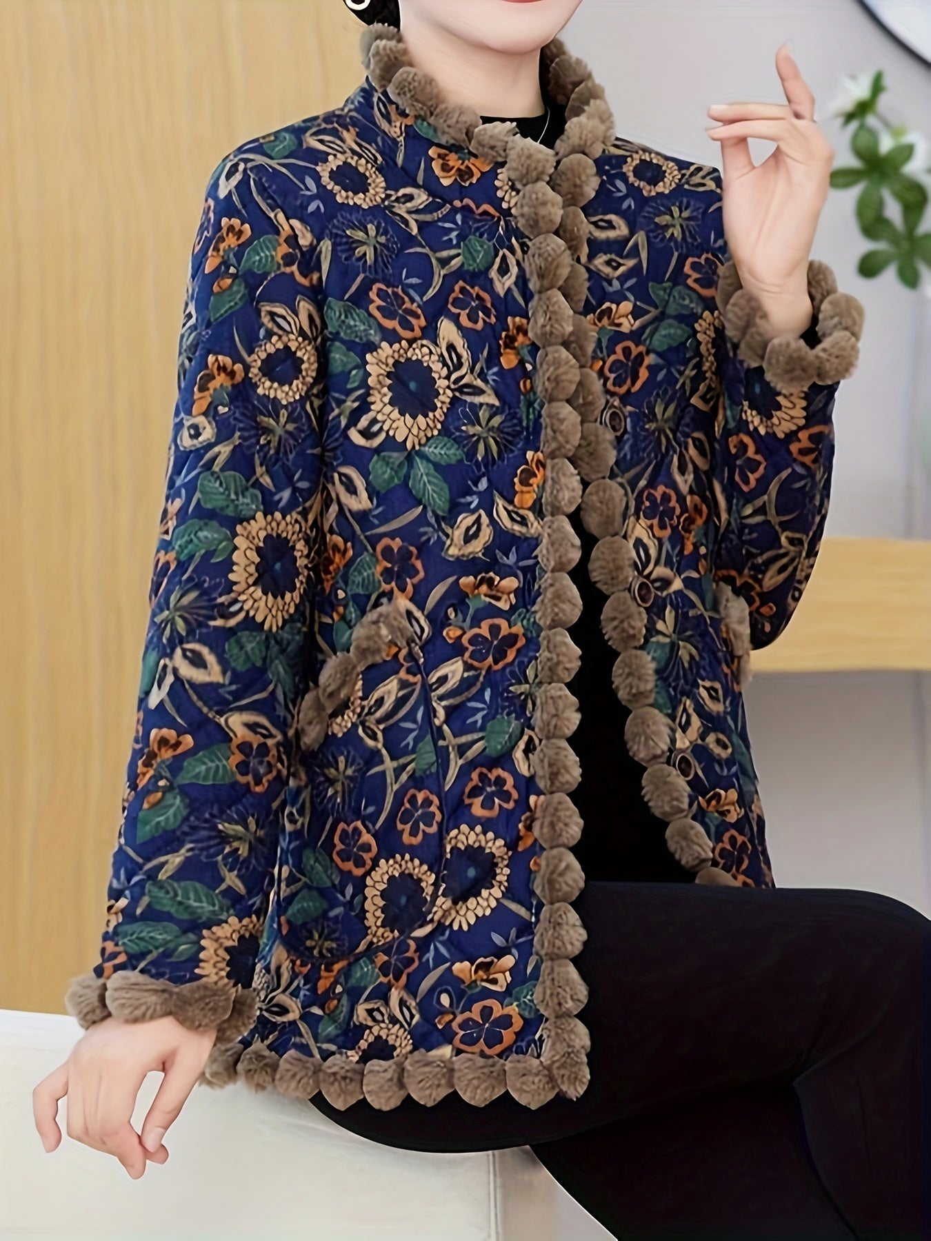 Vintage Quilted Jacket with Pom-Pom Fringe Stand Collar Long Sleeve Floral Pattern