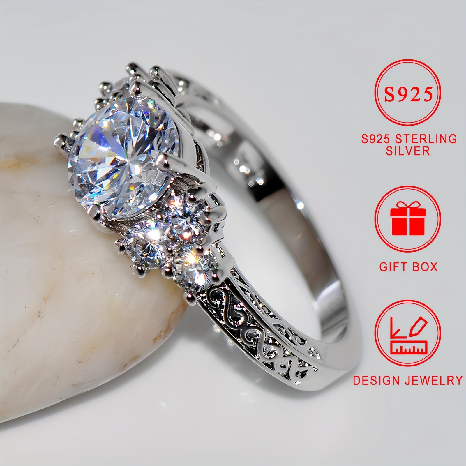 Women's Engagement Ring Eternity Band Sterling Silver Cubic Zirconia Gift Box