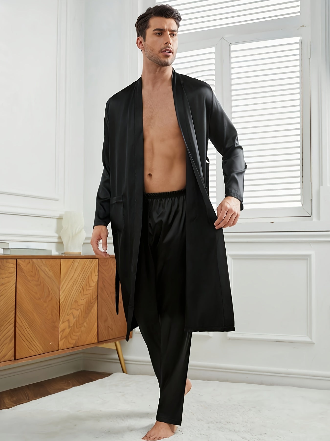 Men's Solid Color Woven Robe Set with Belt Long Sleeves V-Neck Casual