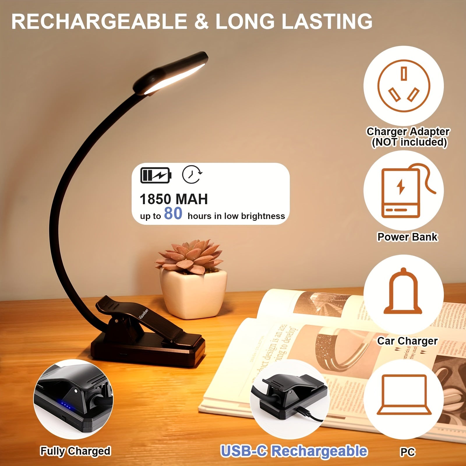 LED Music Stand Light with Clip, 28 LEDs, 4 Color Modes, 3 Brightness Levels, Eye-Care Technology, USB-C Rechargeable