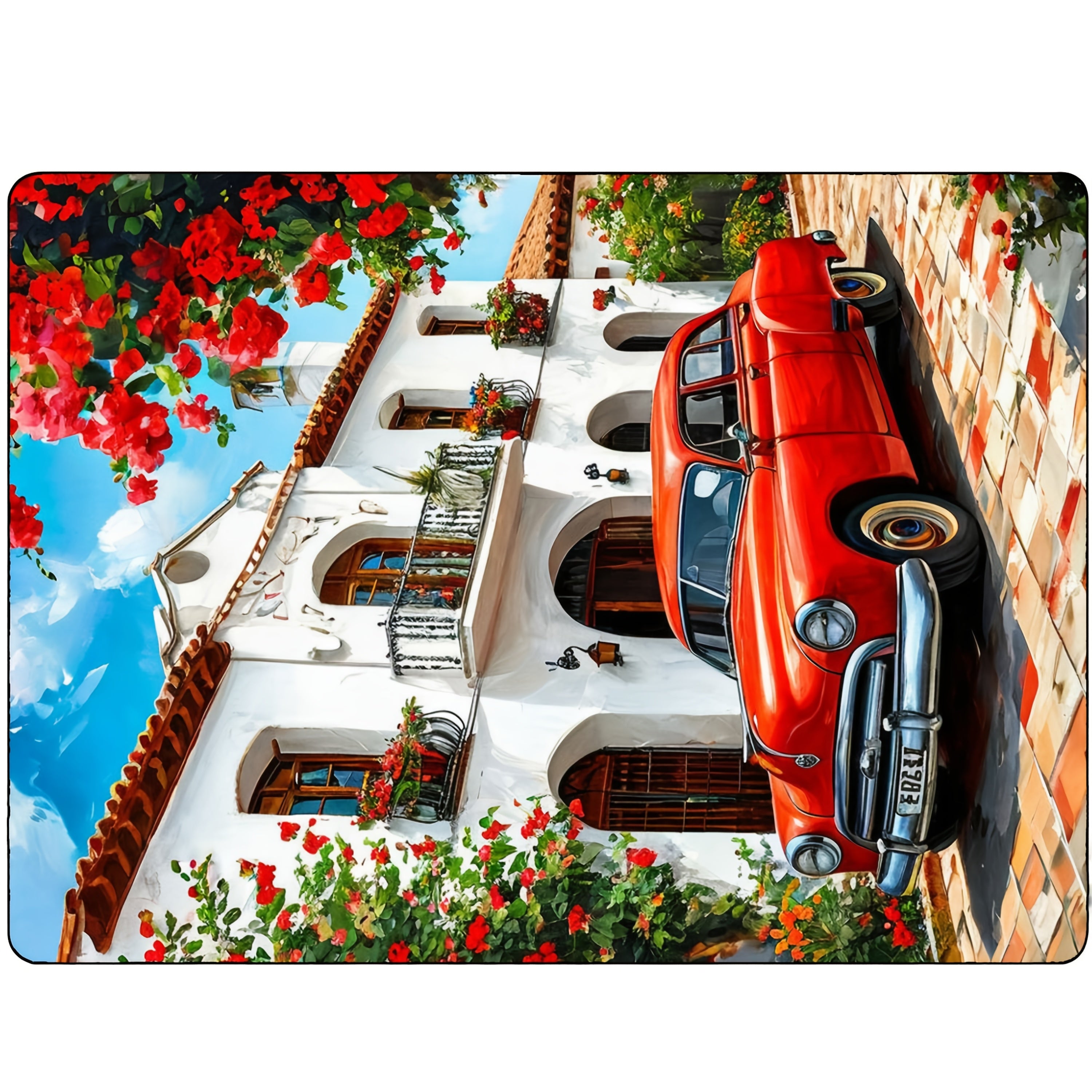 Vintage Red Car and European Scenery Kitchen Mat 72cm x 52cm Heat-Resistant Rubber Protector