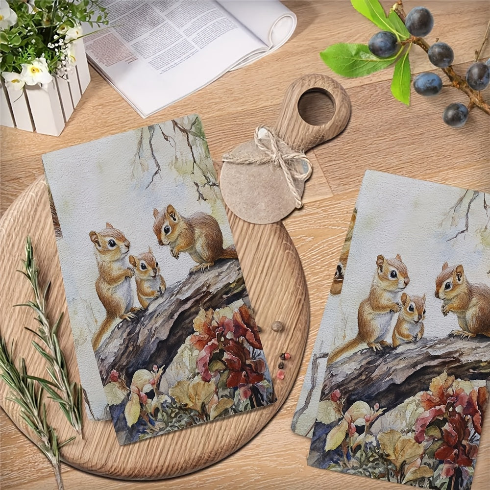 Coastal Style Chipmunk Kitchen Towels, 2 Pieces, Absorbent Polyester, 40x60 cm