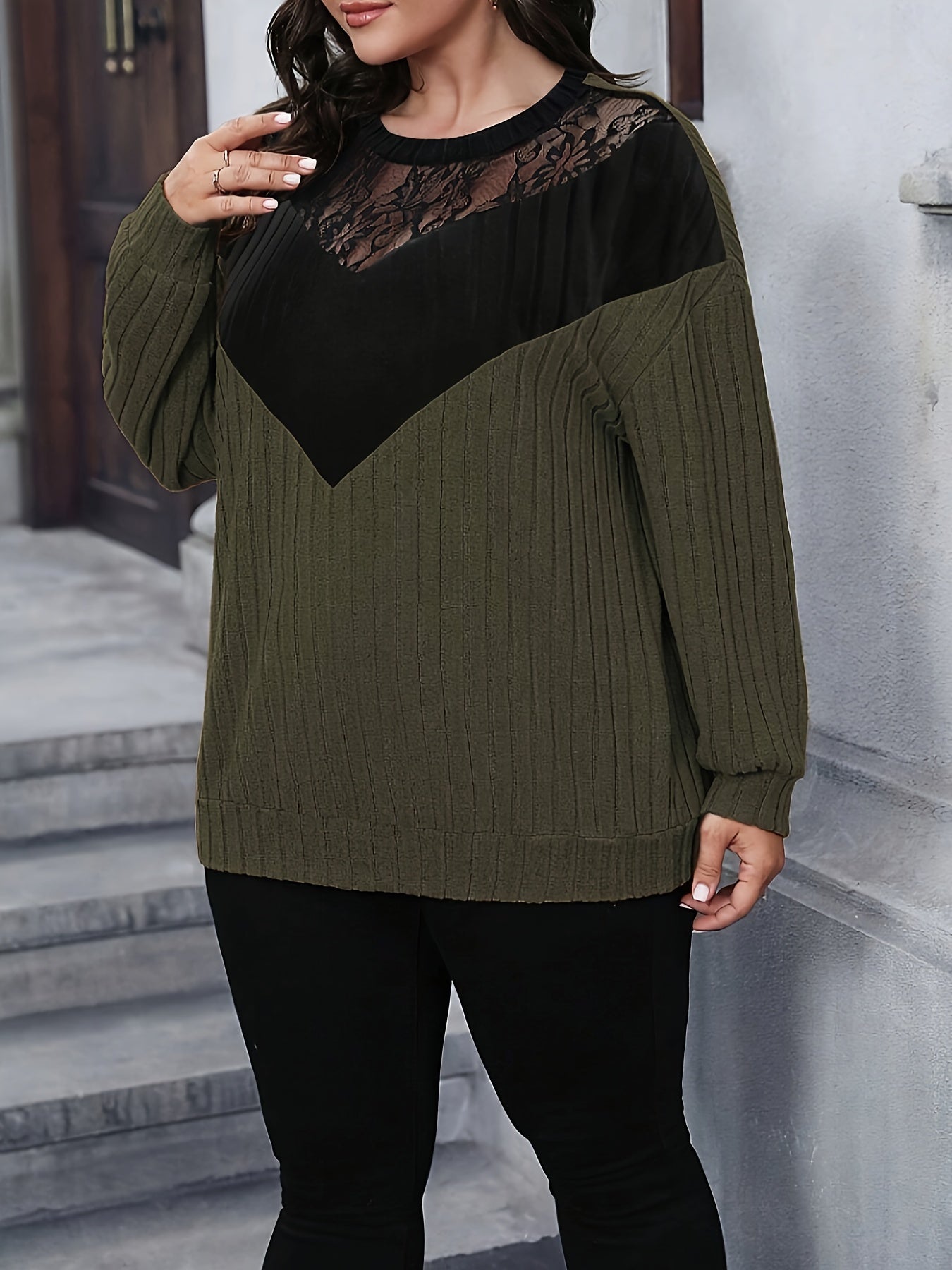 Plus Size Contrast Lace Color Block Sweatshirt Womens Long Sleeve Crew Neck Pullover