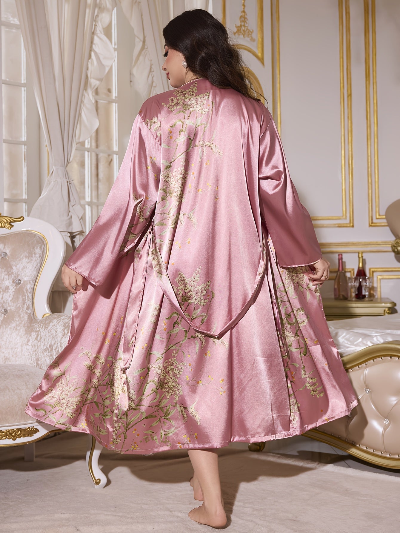 Plus Size Robe Set Polyester Sleepwear with Belt and Print