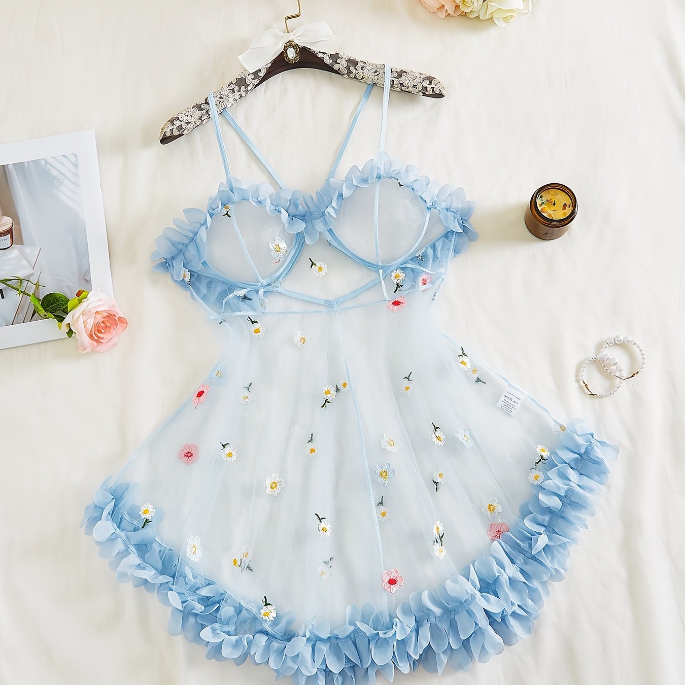 Women's See-Through Lace Dress with Flower Pattern Cross Straps and Backless Design for Lingerie