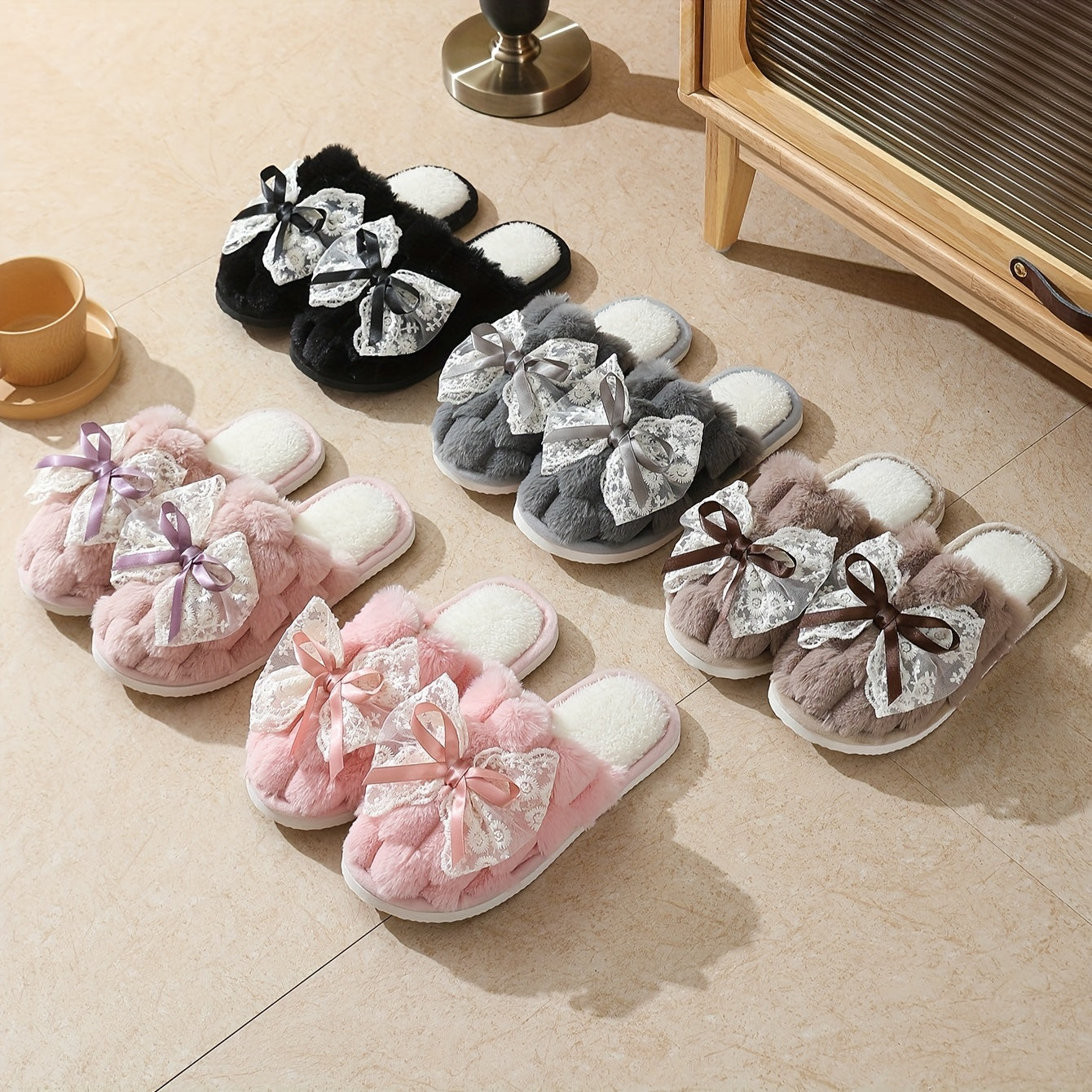 Women's Fuzzy Floral Slip-On Slippers with Non-Slip Sole Indoor House Shoes
