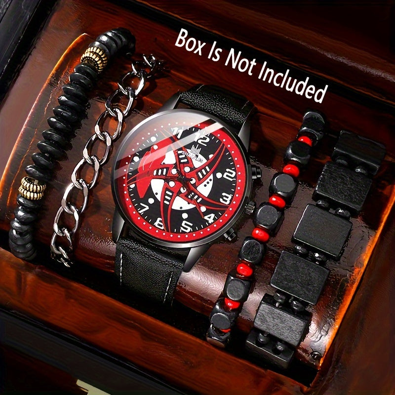 Men's Red Black Quartz Leather Watch and Bead Bracelet Set Gift for Him