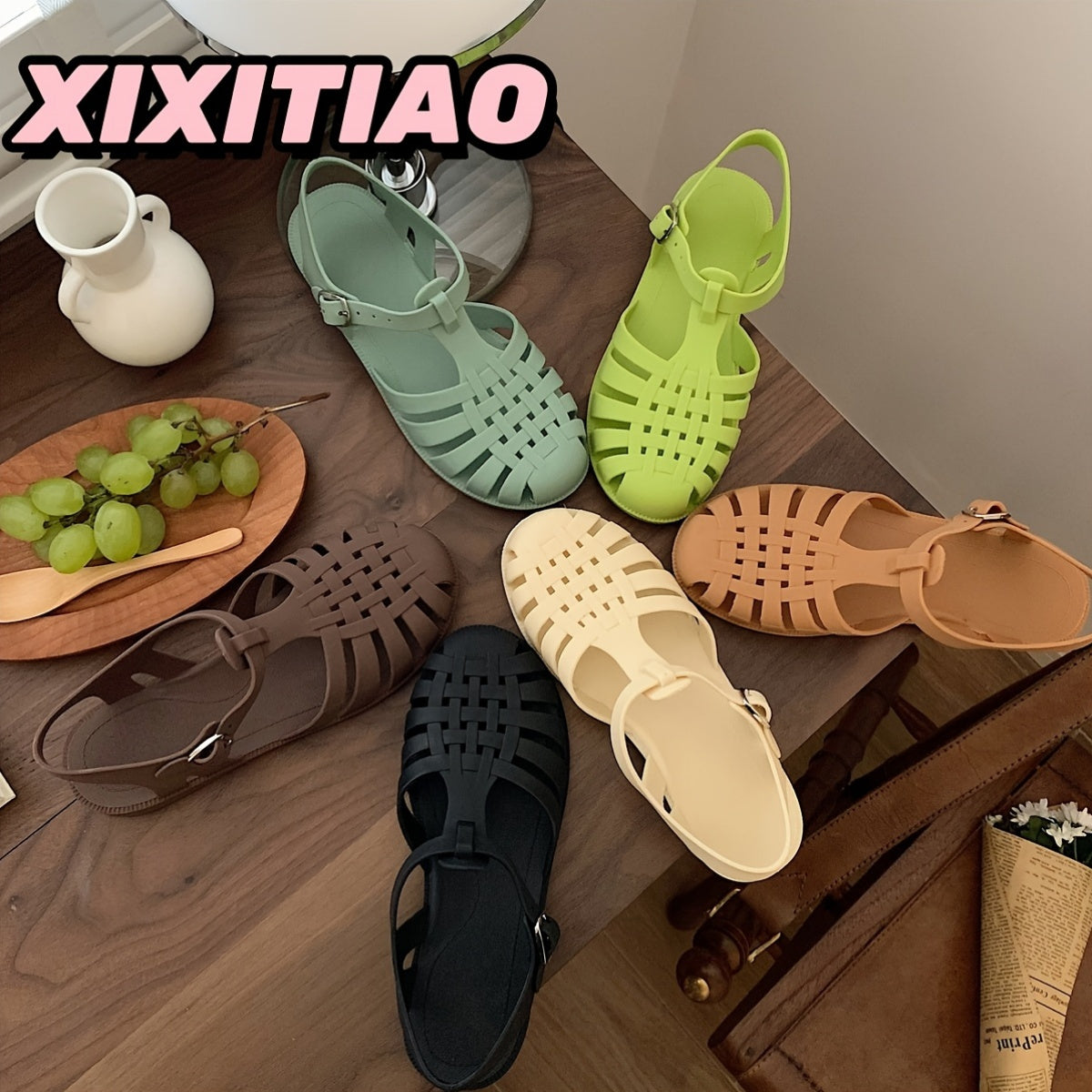 Women Hollow-Out Woven Flat Sandals Summer Casual Breathable PVC