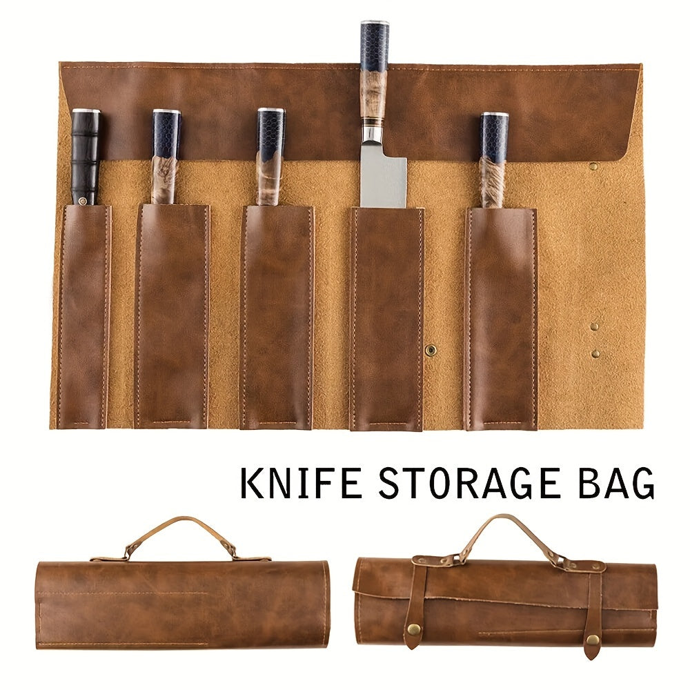 Faux Leather Knife Roll Bag Portable Chef Knife Organizer with Adjustable Strap