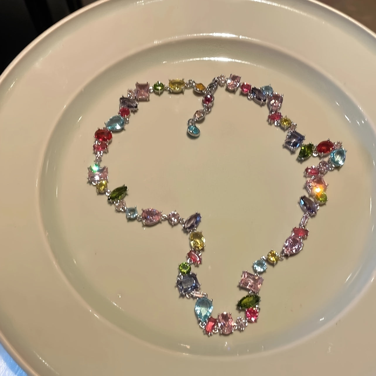 Multicolor Crystal Zirconia Jewelry Set Necklace and Bracelet Geometric Rainbow Design