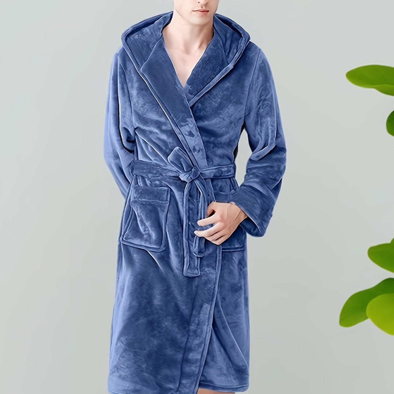 Men's Casual Hooded Robe Set Made of 100% Polyester Knit Fabric with Belt and Pockets