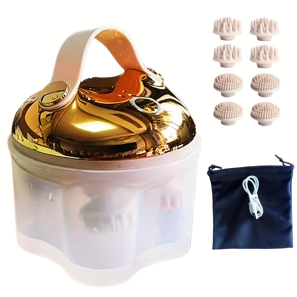 Oltin portativ qayta zaryadlanadigan bosh massajchisi, dam olish, dush massaji va uy hayvonlarini parvarish qilish uchun. Ota-onalar uchun ajoyib sovg'a.