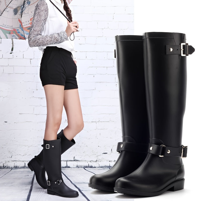 Women's PVC High-Calf Rain Boots with Adjustable Buckles Black Outdoor