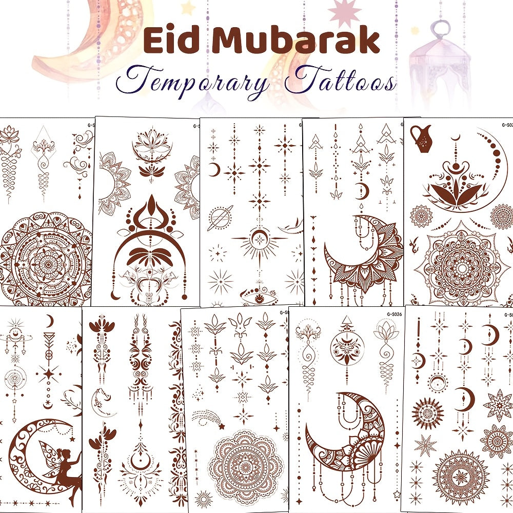 10 Eid Mubarak Temporary Tattoos Moon Stars Mosque Face Body Decorations Pack of 10