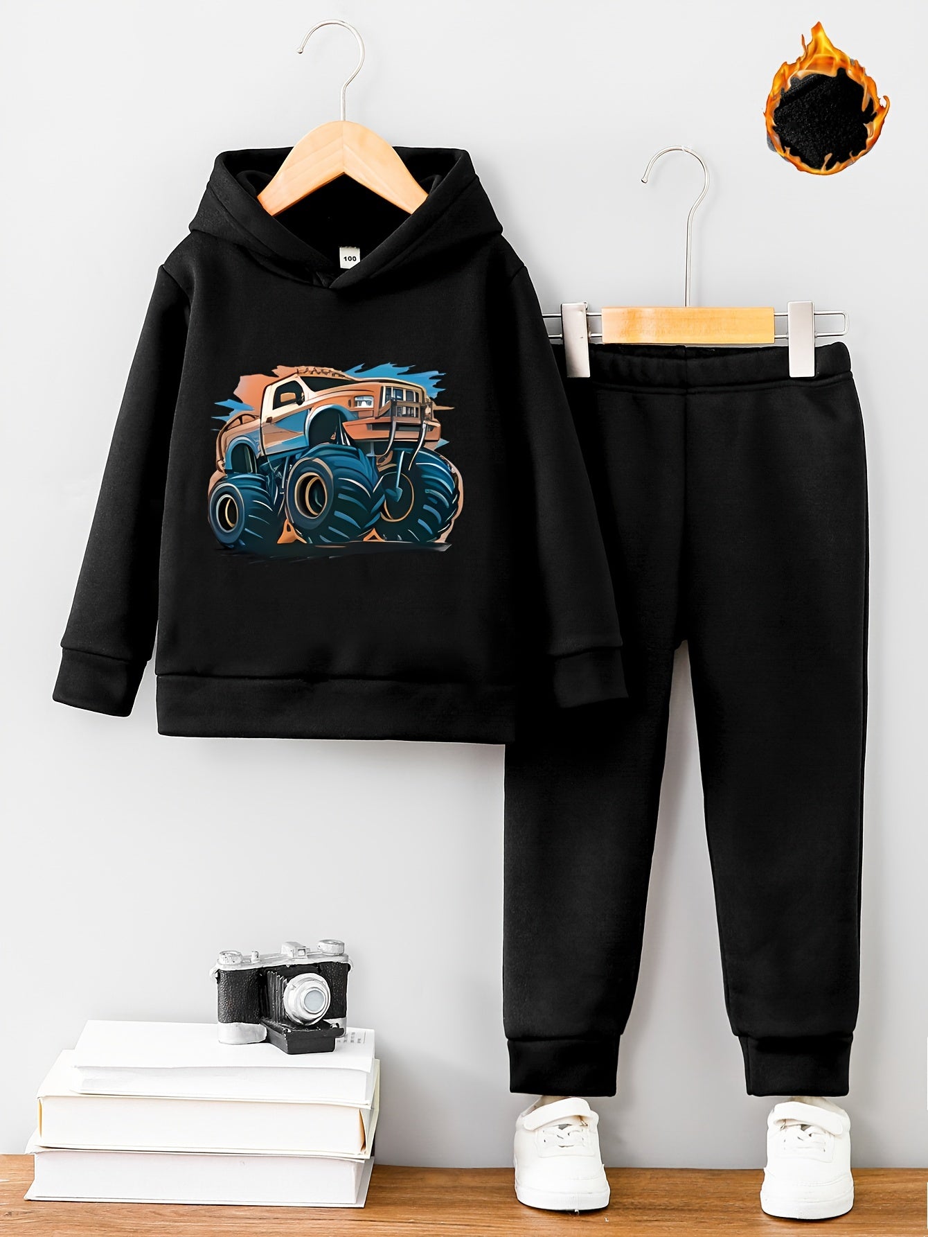 Boys' Fleece-Lined Hoodie and Jogger Set with Vibrant Truck Print for Fall Winter Outdoor Activities