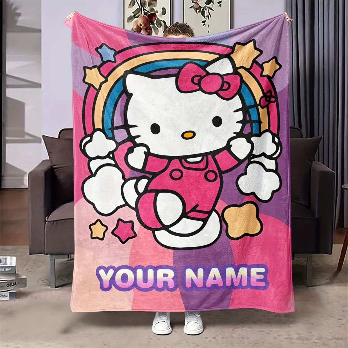 Personalized Cartoon Hello Kitty Flannel Blanket for Kids and Adults