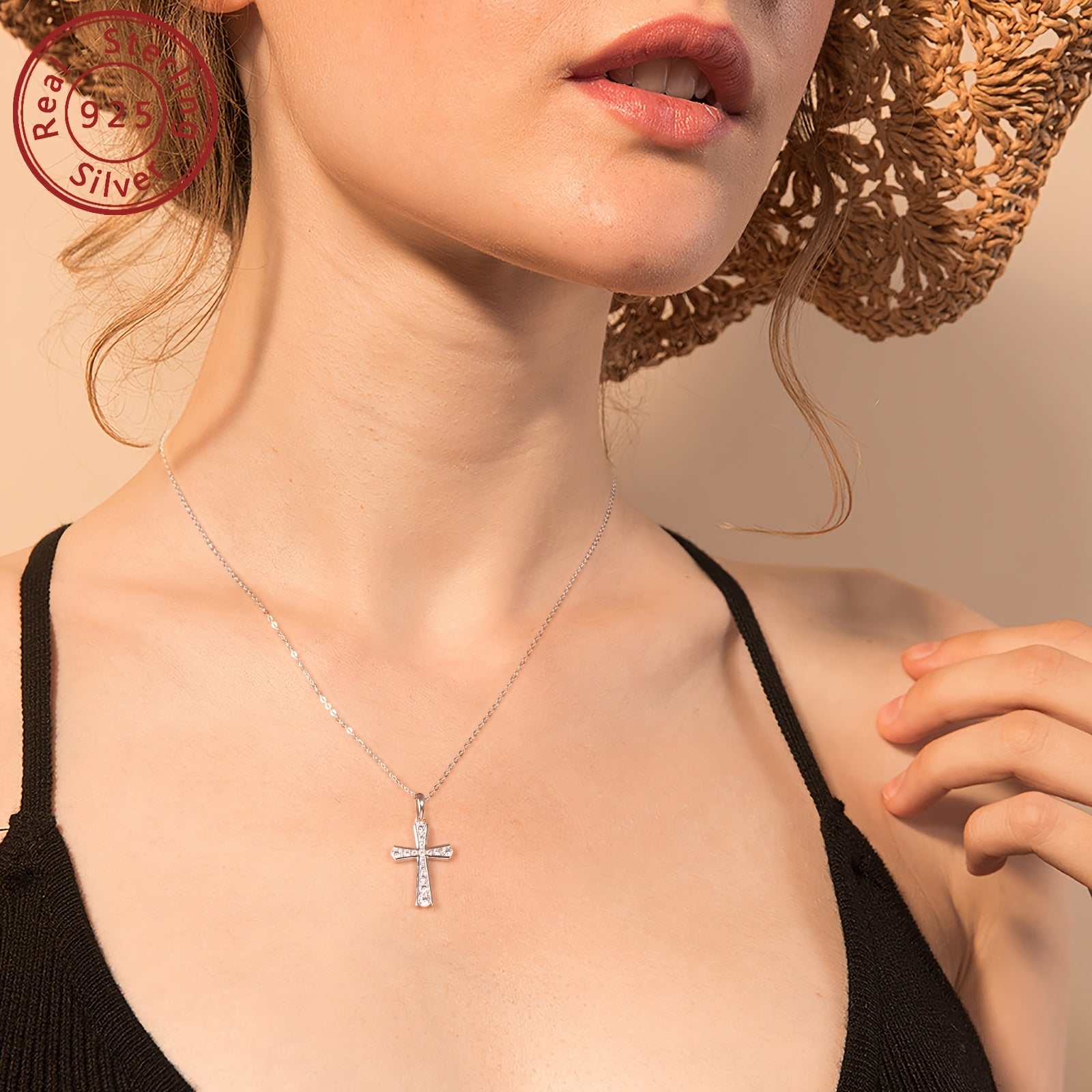 Sterling Silver Cross Pendant Necklace with Synthetic Zirconia Stones for Daily Wear