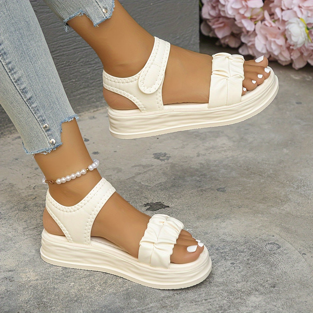 Women Flat Sandals Solid Color Open Toe Summer Shoes