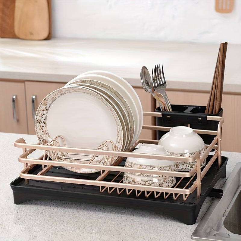 Aluminum Dish Drying Rack with Cutlery Holder Drip Tray Kitchen Organizer