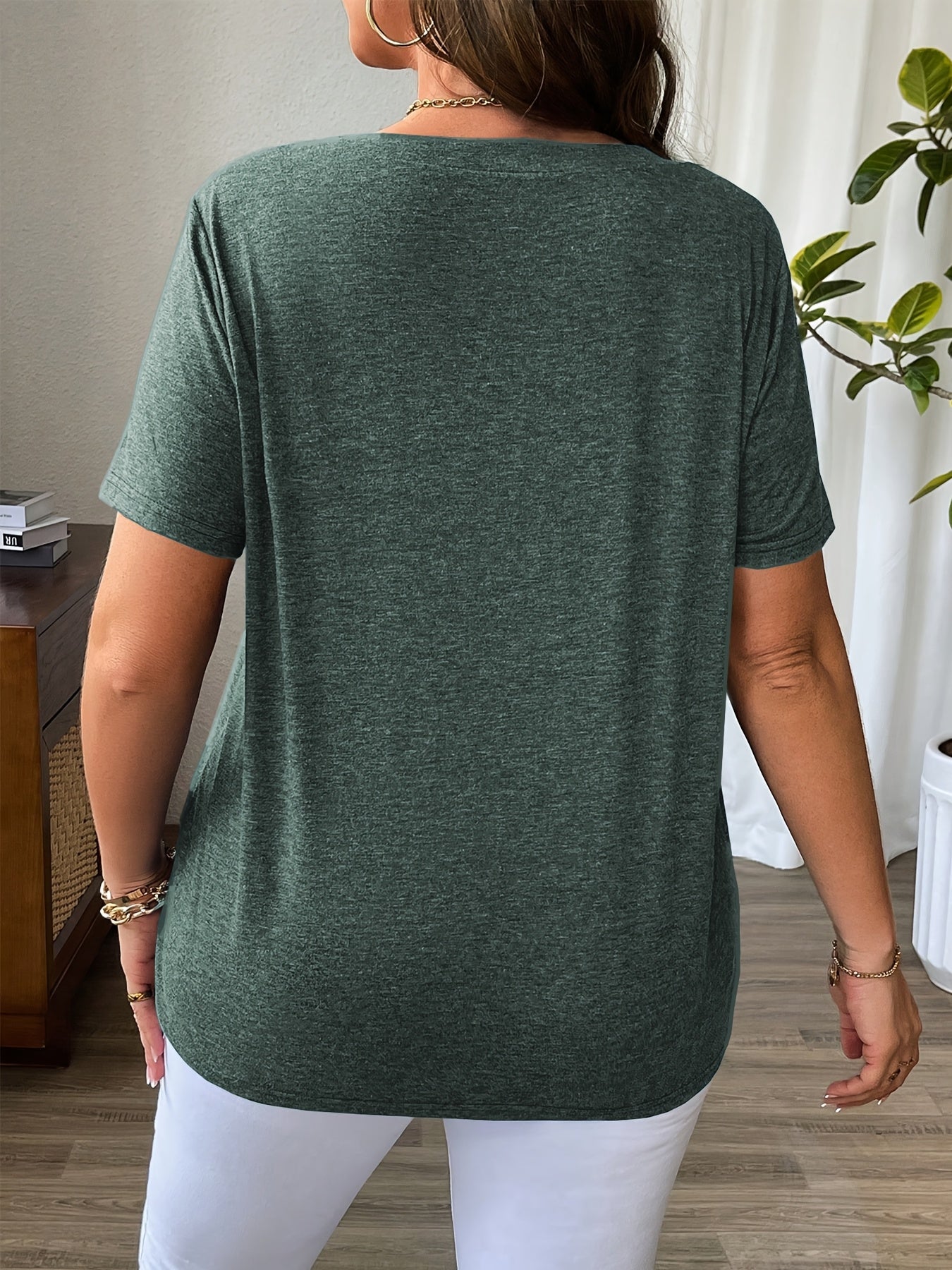 Plus Size Casual V-Neck T-Shirt Short Sleeve Summer Solid Color