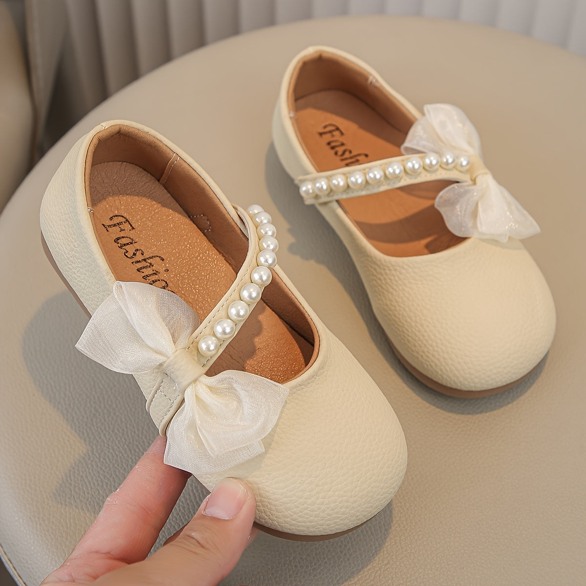 Детские балетки Mary Jane с жемчугом и бантом, бежевые, низкий топ, круглым носом, повседневные и танцевальные туфли