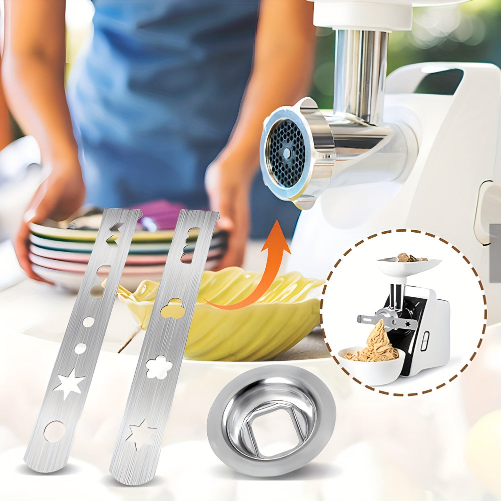 8 ta naqshli pirojnoe qo'shimchasi va zanglamaydigan po'latdan yasalgan pechene qo'shimchasi, ulanish halqasi va 5-o'lchamli go'sht maydalagich uchun pechene qolipi bilan birga, 3 dona o'z ichiga oladi.