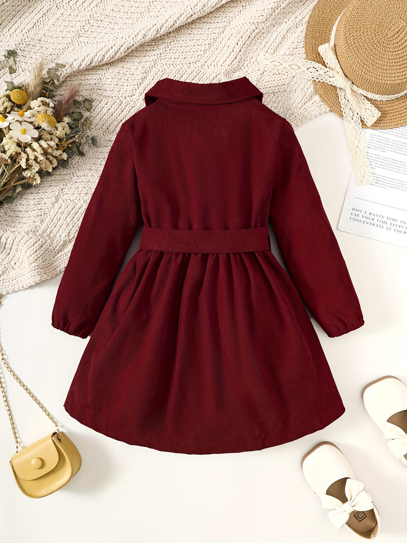 Toddler Girls Solid Midi Dress with Long Sleeves Bow Belt for Parties and Winter