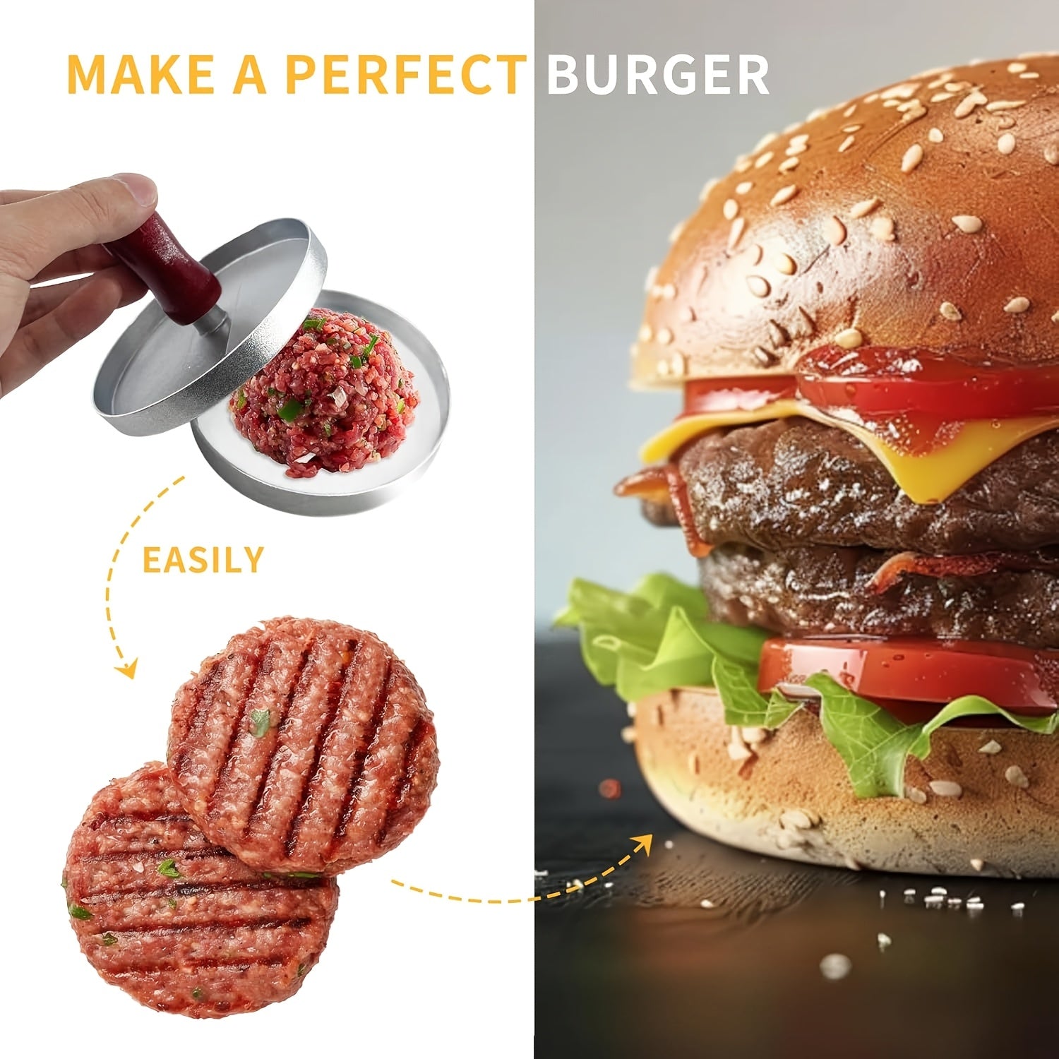 Grey Metal Burger Press with Non-Stick Coating and Wooden Handle
