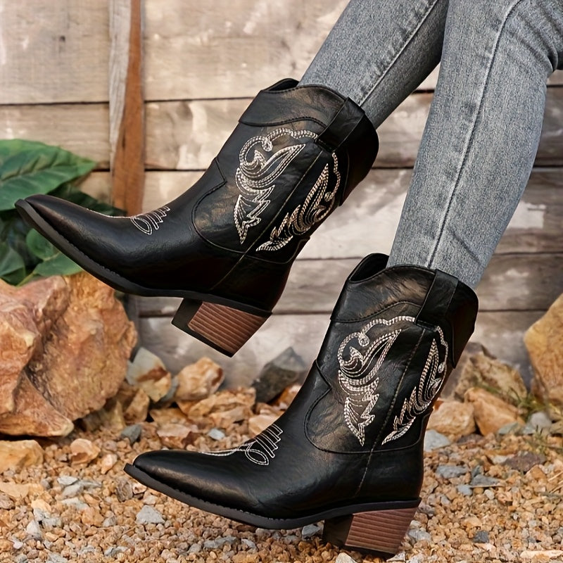 Women's Western Embroidered Cowboy Boots Black Pointed Toe Slip-On