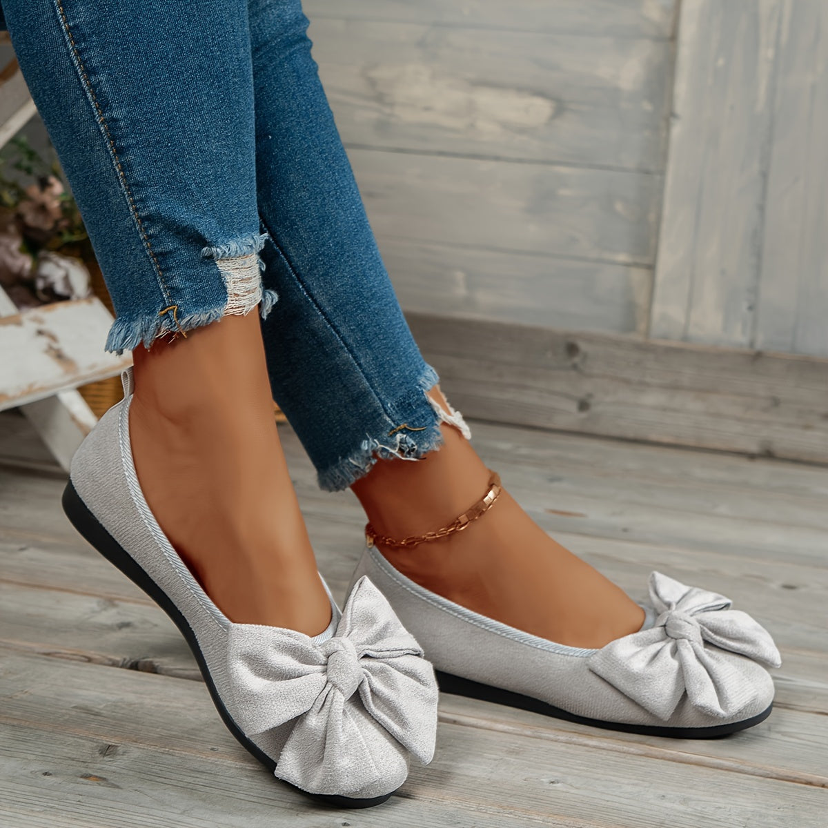 Women's Flannel Bow-Knot Flats Comfortable Slip-On Round Toe Shoes
