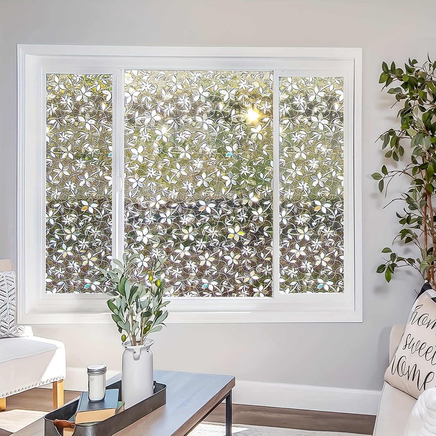 Floral Pattern Frosted PVC Window Film 9mil Static Cling Privacy Cover for Doors