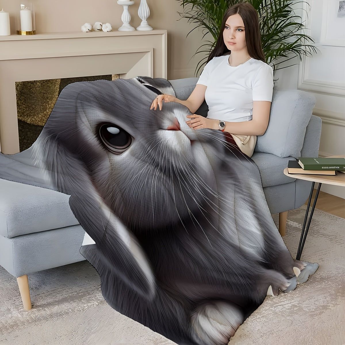 Gray Plush Rabbit Blanket Soft 3D Cartoon Cuddle Throw for Couch Bed Car